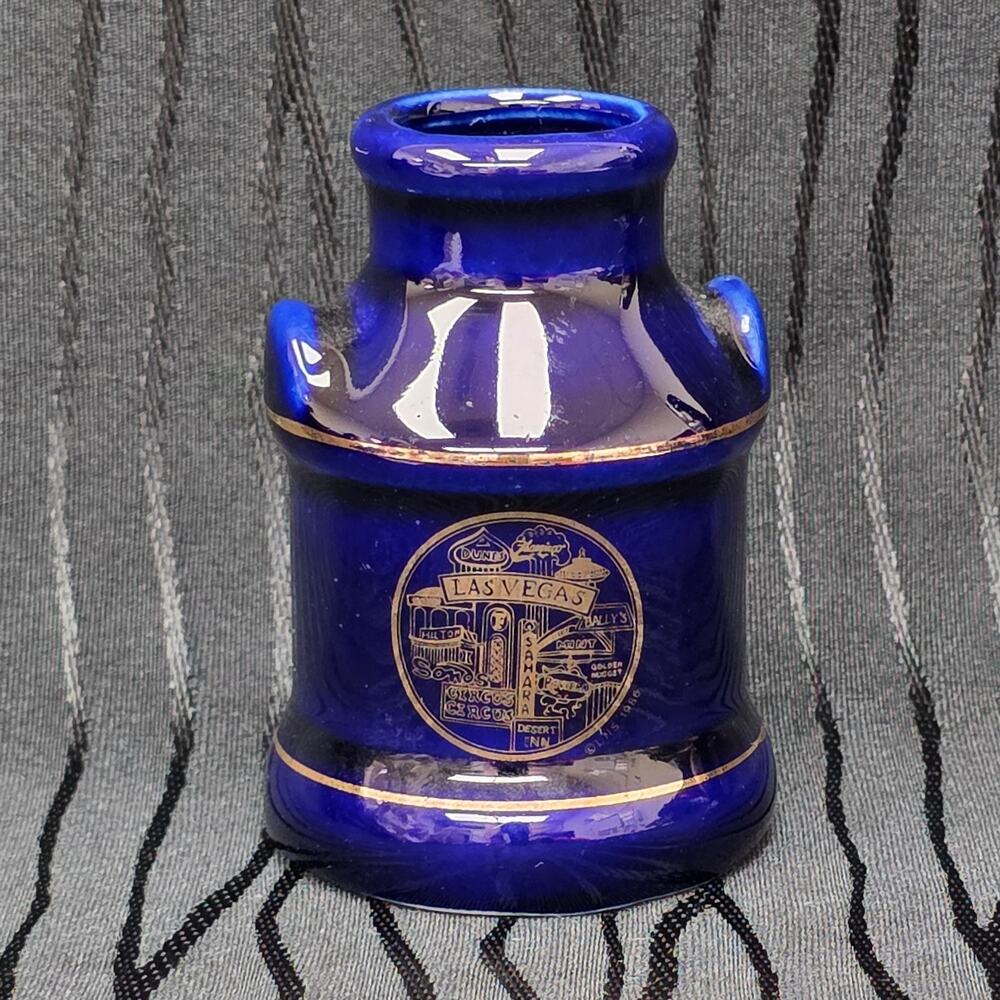 Vintage Ensco Cobalt Blue Las Vegas Toothpick Holder Gold Trim Souvenir Glass